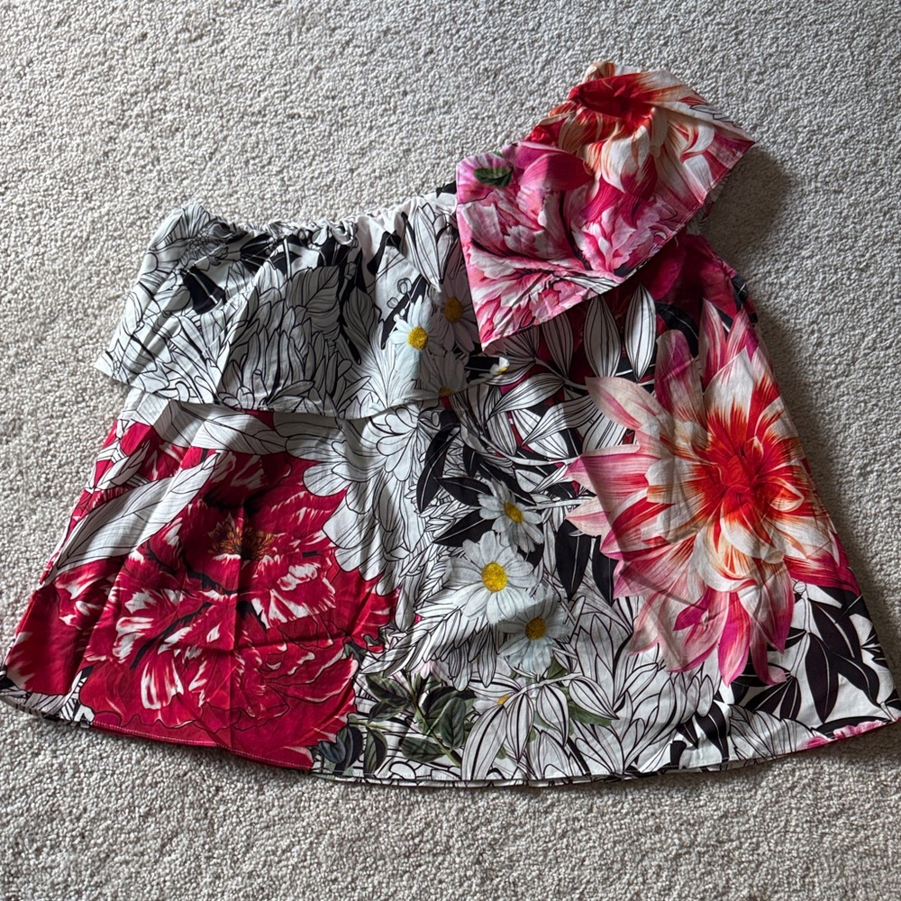 MARY KATRANTZOU Red and Pink Floral Ruffle one shoulder  top